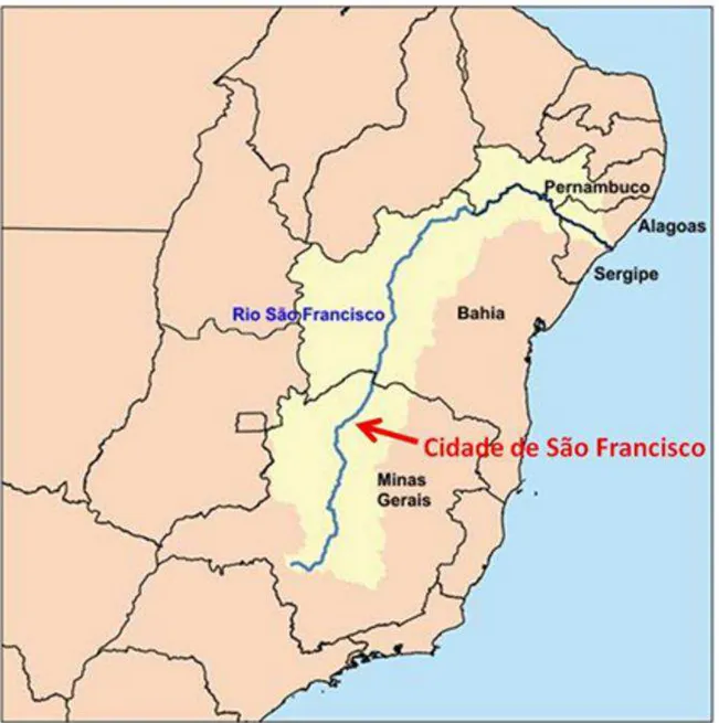 Figura 3  – Localização da bacia do Rio São Francisco (área clara). Fonte: Adaptado de  Wikipédia