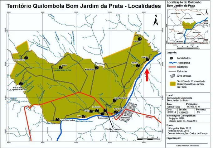 Figura 7 - Mapa do Território Quilombola de Bom Jardim da Prata e suas 15 localidades,  resultante do Laudo Antropológico realizado em cooperação técnica entre a Universidade 