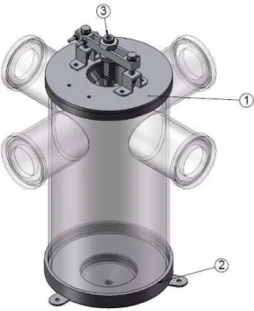 Figura 4.3 - Esquema da câmara de acrílico utilizada nas injeções com o seu flange superior  adaptável ao eletroinjetor (1), flange inferior (2) e adaptador de eletroinjetor (3)