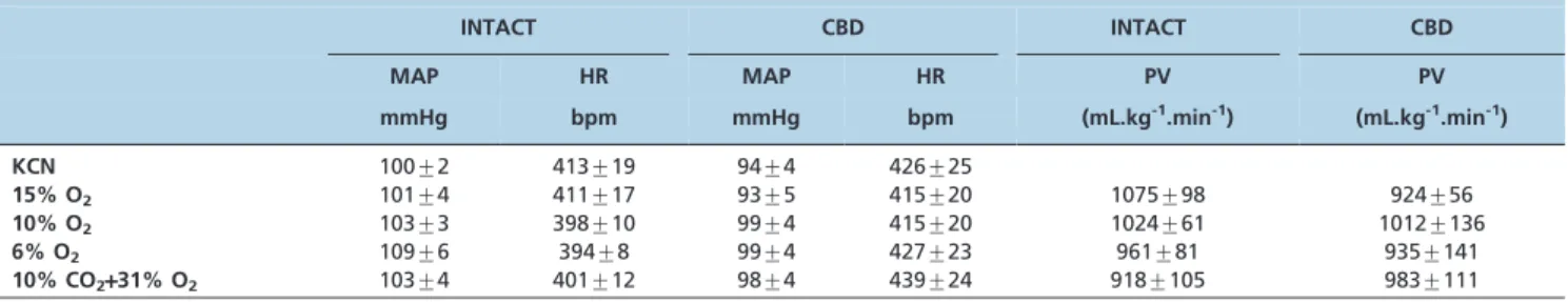Figure 1 - Bar graph showing the changes in the mean arterial pressure (MAP) and heart rate (HR) in response to KCN in intact and carotid body-denervated (CBD) rats