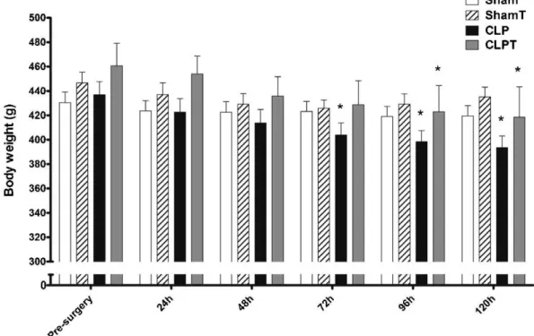 Figure 2 - Time course of the body weight changes from pre-surgery until 5 days after surgery in the sham (n = 8), ShamT (n = 8), CLP (n = 6) and CLPT (n = 6) groups