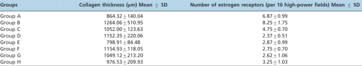 Table 1 - Mean values of the collagen layer thickness and the number of estrogen receptor-positive cells in the skin of animals in the different groups.