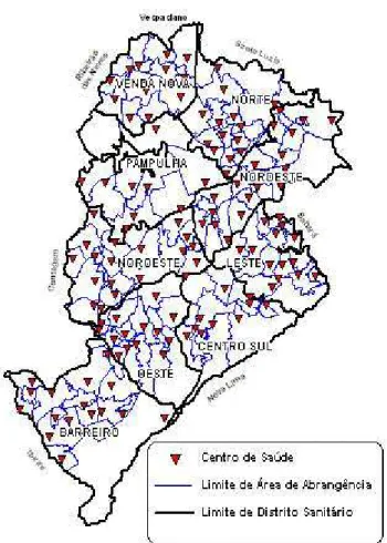 FIGURA 1 - Mapa da distribuição dos nove Distritos Sanitários e o conjunto das unidades básicas de Saúde da rede de saúde do município de Belo Horizonte.