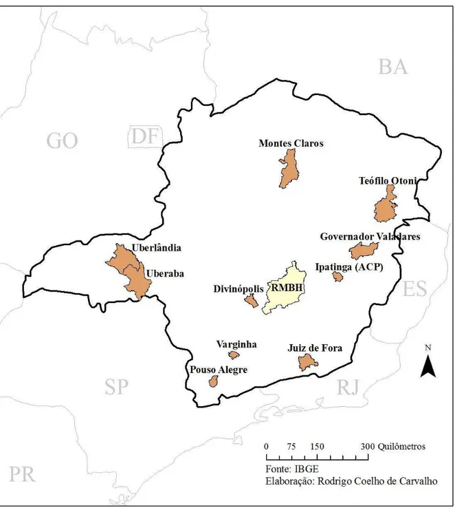 Figura 1  – Localização dos municípios das cidades médias em Minas Gerais. 