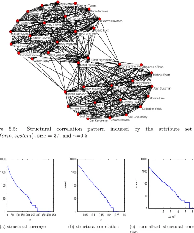 Figure 5.5: Structural correlation pattern induced by the attribute set {perf orm, system}, size = 37, and γ=0.5