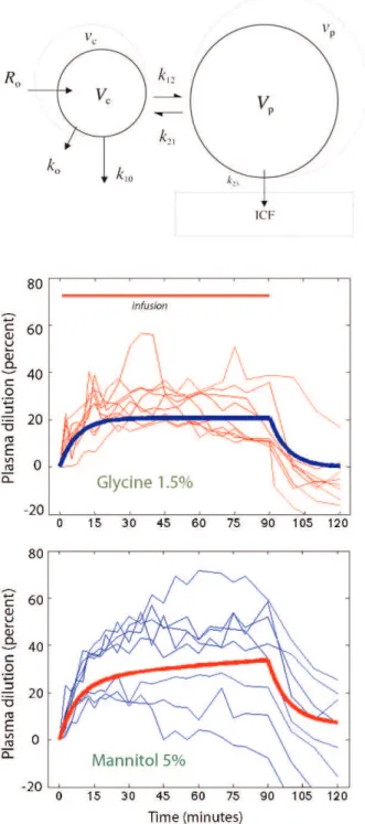 Figure 1 - Schematic drawing of the kinetic model used to analyze the distribution and elimination of irrigating fluid (top) and the dilution of arterial plasma during and after infusion of 1.5% glycine and 5% mannitol over 90 min (bottom)