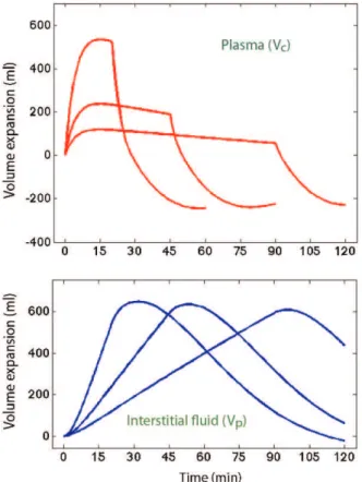 Figure 5 – Computer simulation of the fluid distribution when 150 ml/kg of electrolyte-free irrigating solution is infused over 20, 45, and 90 minutes in a pig weighing 20 kg (all infusions amounted to 3.3 L)