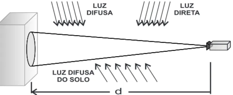 Figura 3.2: Modelo simplificado de propagac¸˜ao da luz na ´agua. Em (a) um objeto submerso do qual se adquire uma imagem