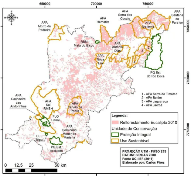 Figura 13  – Áreas de reflorestamento com eucalipto em relação a distribuição das  unidades de conservação na área de estudo