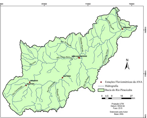 Figura  6  – Mapa de localização e distribuição das estações fluviométricas na bacia  hidrográfica do Rio Piracicaba