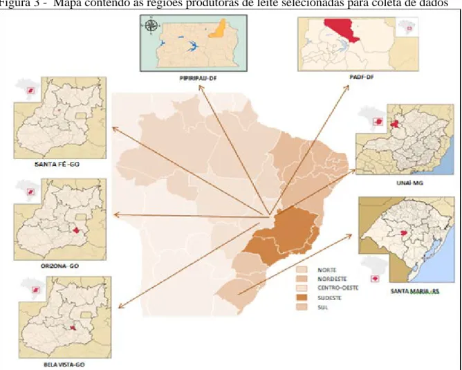 Figura 3 -  Mapa contendo as regiões produtoras de leite selecionadas para coleta de dados 