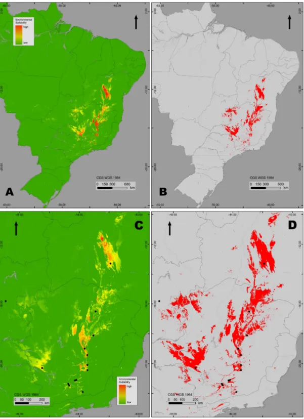 Figura 2. Resultado logístico da modelagem de distribuição (MD) dos campos rupestres (anos de 1950- 1950-2000, AUC = 0.988), para todo o Brasil (A) e para o sudeste Brasileiro (C)