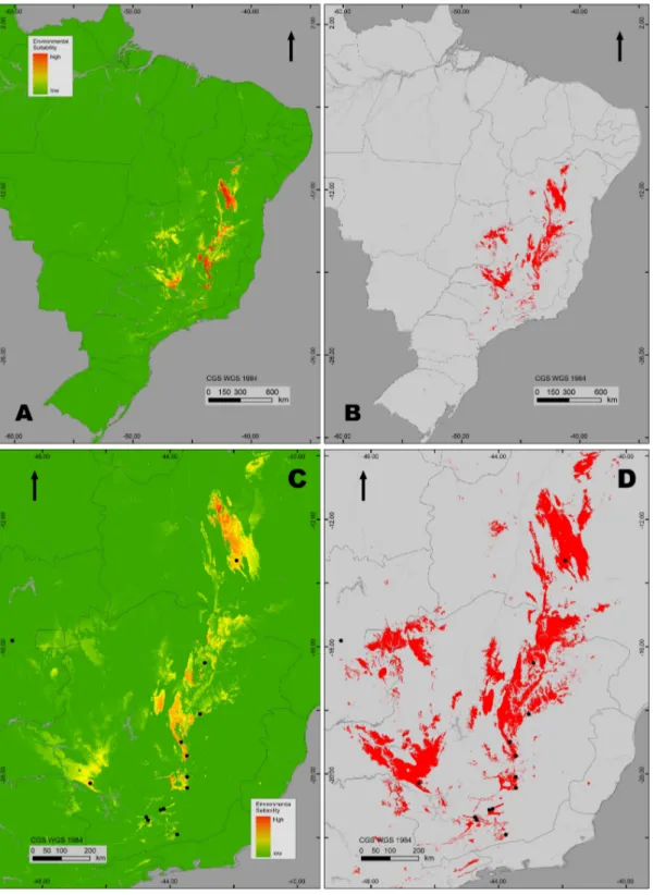 Figura 3. Resultado logístico da modelagem de distribuição (MD) para os campos rupestres (Holoceno  médio, ~6.000 anos A.P., AUC = 0.988), para todo o Brasil (A) e para o sudeste Brasileiro (C)