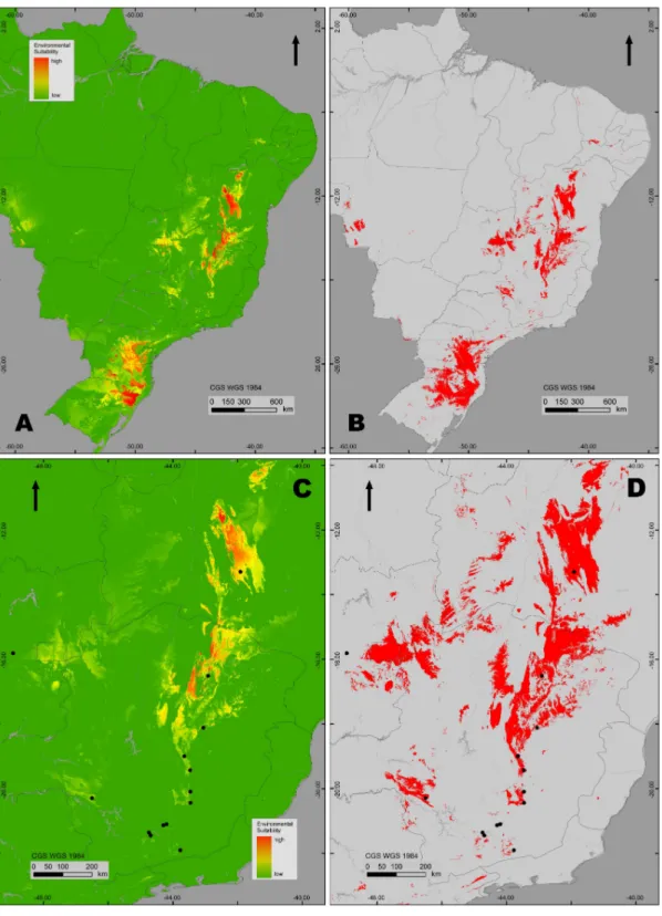 Figura 4. Resultado logístico da modelagem de distribuição (MD) para os campos rupestres (última  máxima glacial, ~21.000 anos A.P., AUC = 0.988), para todo o Brasil (A) e para o sudeste Brasileiro (C)