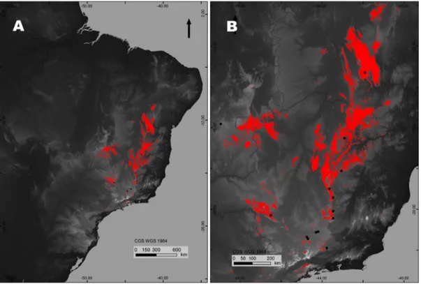 Figura 5. Áreas de adequabilidade ambiental para os campos rupestres que estiveram historicamente  estáveis desde a última máxima glacial (~21.000 anos A.P.) até os dias atuais (e.g., 1950-2000); para todo  o Brasil (A) e para o sudeste Brasileiro (B)
