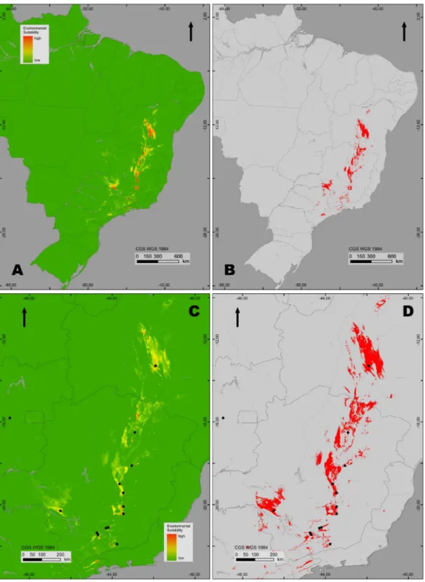 Figura 9. Resultado logístico da modelagem de distribuição (MD) para os campos rupestres (década de  2050, AUC = 0.988), com a utilização do modelo climático HADcm3, em um cenário otimista (B2A),  para todo o Brasil (A) e para o sudeste Brasileiro (C); e c
