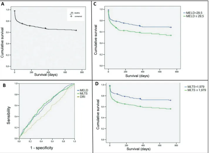Figure 1 - A) The Kaplan-Meier curve for the survival of 1,006 patients who received a liver transplant in the state of Sa˜o Paulo between 2006 and 2009