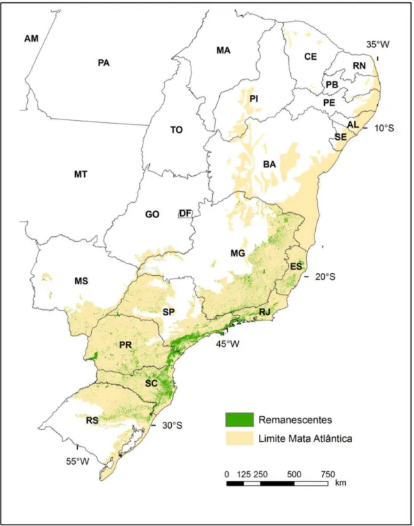 Figura 1: Domínio do bioma Mata Atlântica: limite de acordo com a atual legislação e  remanescentes florestais em 2008, segundo INPE/SOS Mata Atlântica (2008)