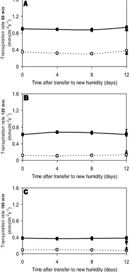 Fig. 2. Transpiration rate at different times after starting leaf desiccation (A: 60 min; B: 
