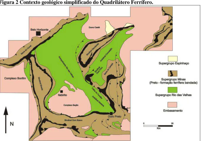 Figura 2 Contexto geológico simplificado do Quadrilátero Ferrífero. 