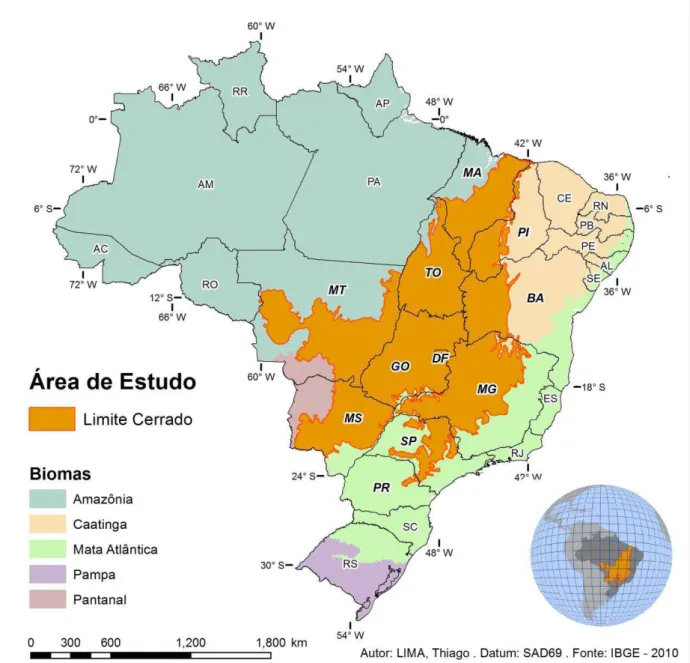 Figura 2: Localização do Bioma Cerrado no Brasil. BA = Bahia; GO = Goiás; MA = Maranhão;  MT = Mato Grosso; MS = Mato Grosso do Sul; MG = Minas Gerais; PR = Paraná; PI = Piauí; 
