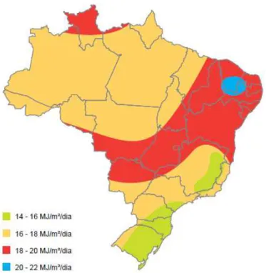FIGURA 1.1 - Variação da Radiação Solar no Brasil.   FONTE: (ELÉTRICA, 2008) 