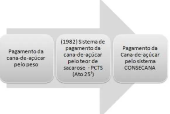 FIGURA 9 - Evolução dos sistemas de remuneração da cana-de-açúcar no Brasil.  No caso de São Paulo, o primeiro passo foi a criação do CONSECANA 7 , &#34;um conselho  paritário,  composto  por  representantes  dos  produtores  rurais  de  cana-de-açúcar  e 