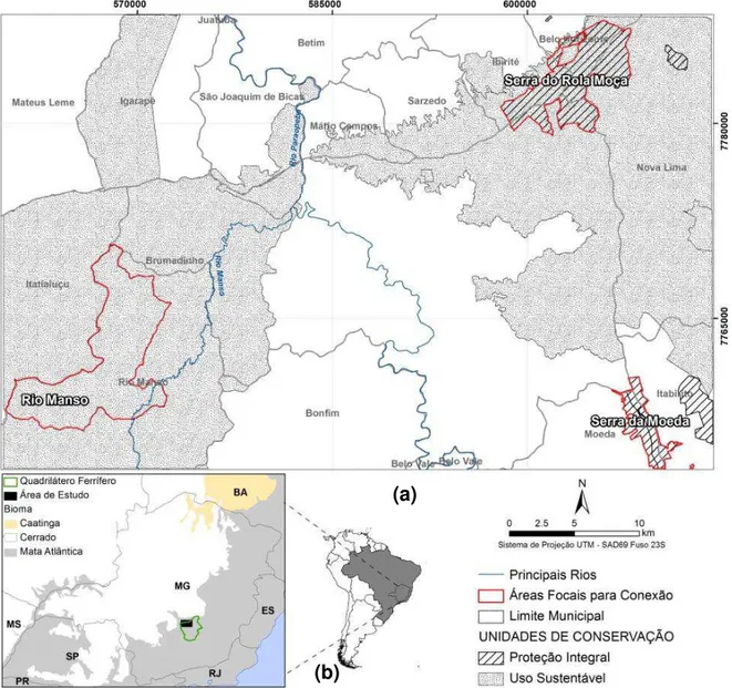 Figura  3  –  (a)  Área  de  estudo  com  destaque  para  as  três  unidades  de  conservação:  Parque Estadual da Serra do Rola Moça; Área de Proteção Especial do Rio  Manso; Monumento Natural da Serra da Moeda