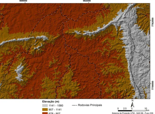 Figura 5  – Representação hipsométrica do relevo da área de estudo.  Fonte de dados: JPL (2012) e DER-MG (2010)