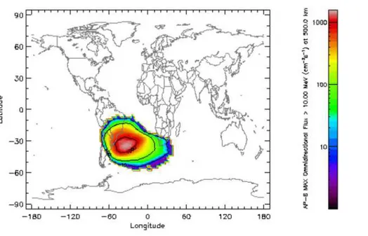 Figura 11 Ű Região da Anomalia Magnética do Atlântico Sul. A escala de cores indica o Ćuxo de nêutrons na região.