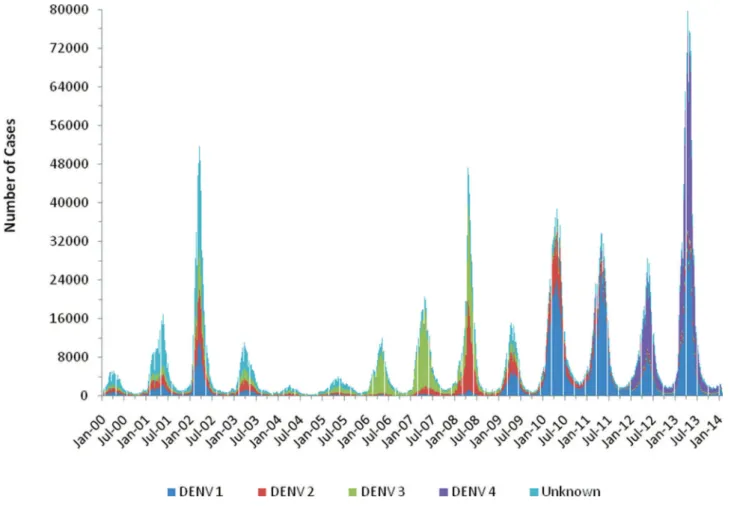 Figure 2 shows the occurrence of dengue as related to the main serotypes involved and the epidemiological week per year between 2000 and early 2014, and Figure 3 shows the successive dengue epidemics as related to the age classes affected during the period