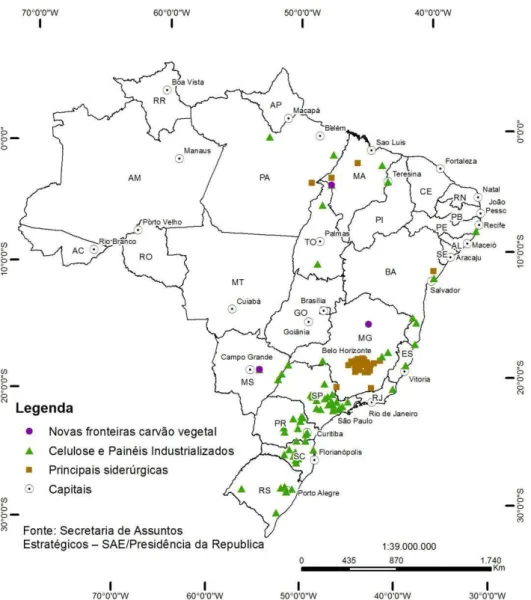Figura  6  – Brasil, localização dos  centros de transformação/consumo da  madeira no país  para carvão vegetal, celulose e painéis industrializados 