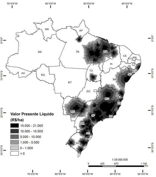 Figura  9  -  Estimativa  do  VPL,  consolidado,  para  a  atividade  florestal  no  Brasil  com  finalidade de produção de carvão vegetal, celulose e painéis industrializados.