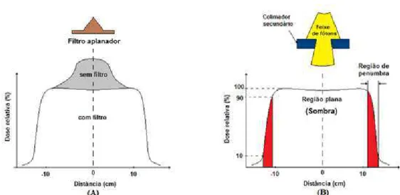 Figura 17. Influência do filtro aplanador na homogeneidade do feixe de fótons (A).  Efeito do colimador secundário na amplitude do perfil lateral do feixe (B)
