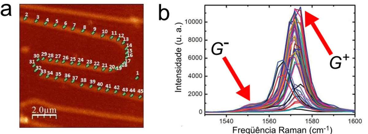 Figura 3.3: a) Imagem por espe
tros
opia Raman 
onfo
al para banda G de nanotubo semi
ondutor sobre substrato de quartzo