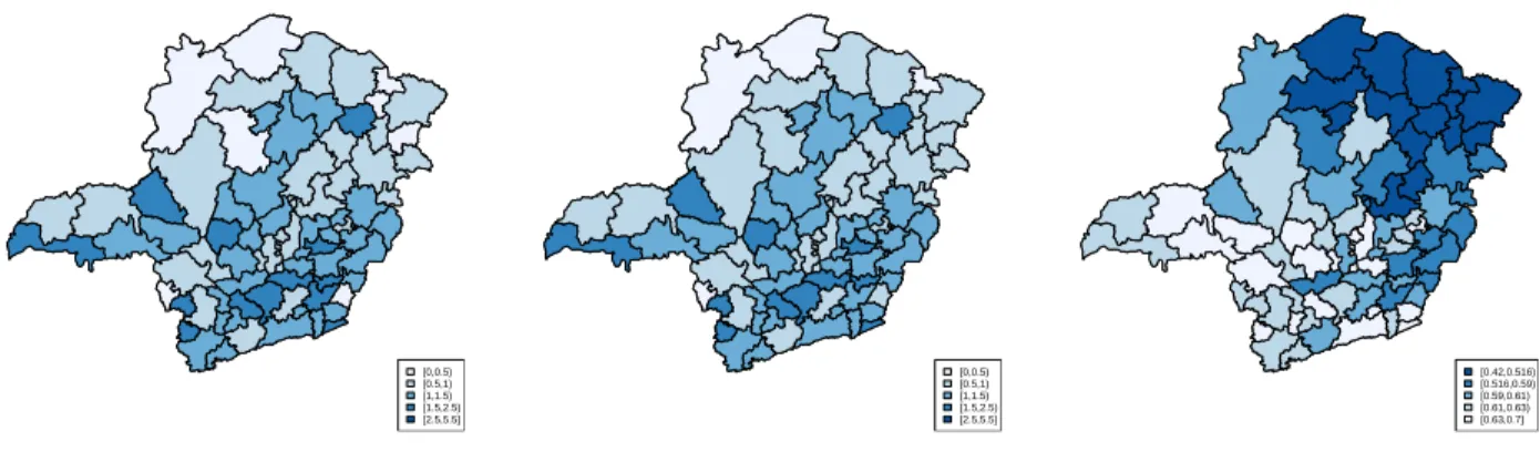 Figure 1.1: RR’s estimates of ENM in MG using the SMR (left) and the posterior mean under the SPM in Ara´ ujo and Loschi (2013) (middle); and the Human Development Index in MG (right) [Source: IBGE 2000].