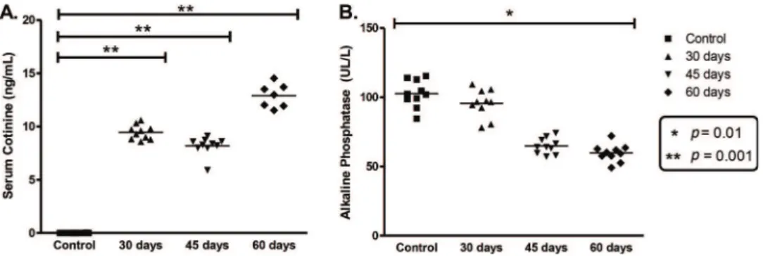 Figure 1 - Biochemical data. A. Levels of cotinine in blood plasm; B. Average of alkaline phosphatase activity in blood plasma.