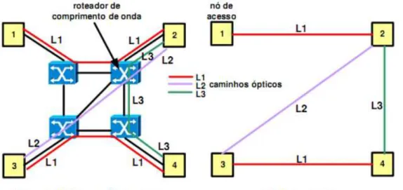 Figura 2.1. Rede WDM com seus caminhos ópticos