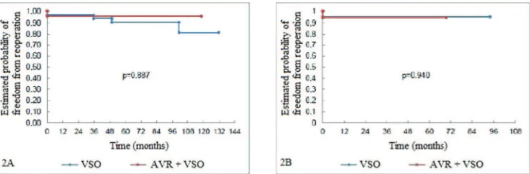Figure 2 - Fig 2A: Freedom from reoperation curve (Kaplan-Meier) pertaining to the aortic valves of the patients undergoing aortic root reconstruction through AVR and non-AVR techniques