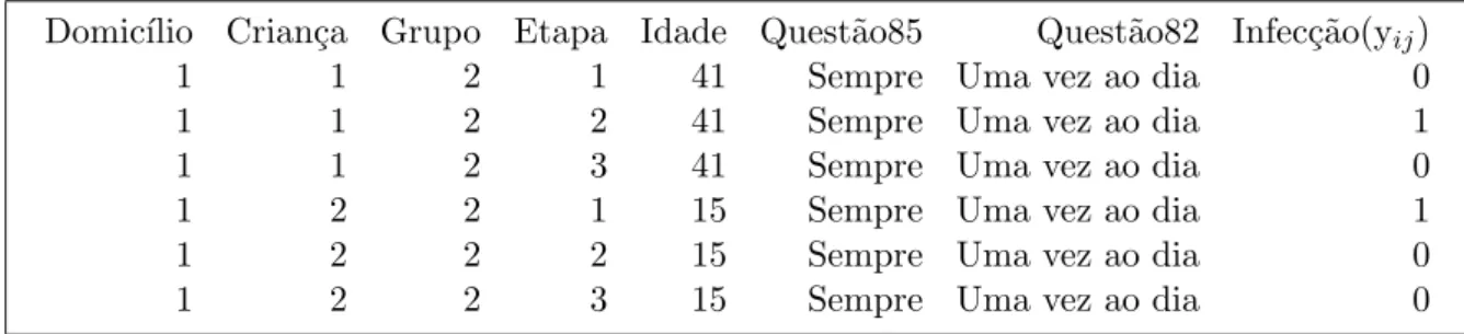Tabela 4. Informa¸c˜ oes de duas crian¸cas residentes no mesmo domic´ılio medidas nas trˆes etapas ao longo do tempo.