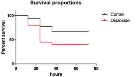 Figure 1 - Seventy-two hours after induction of acute pancreatitis, mortality was 33% in the control group (n=18) and 60% in animals that received diazoxide (n=20) (p=0.076, Mantel–Cox test).