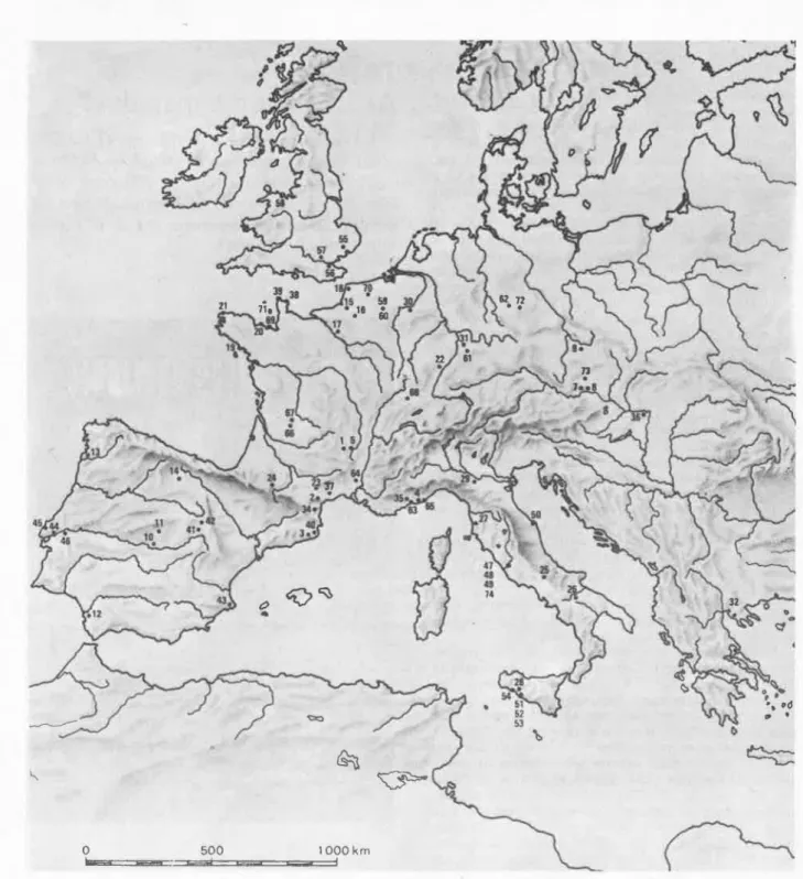 Fig.  1 - Traços  dos  primeiros  habitantes  da  Europa  (1  50000 - 100000).  1  Chilhac  (France);  2  Terrasses  du  Roussillon  (France);  3  Puig  d'en  Roca  (Espagne),  La  Selva  (Espagne);  4  Le  Va/lonnet  (France);  5  Soleilhac  (France);  6 