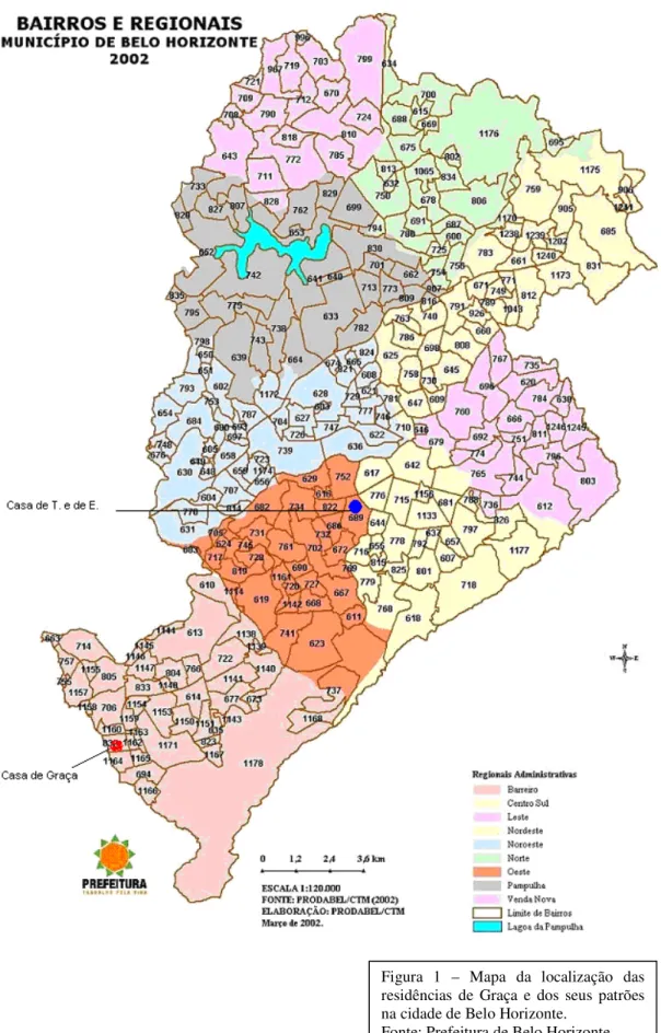 Figura  1  –  Mapa  da  localização  das  residências  de  Graça  e  dos  seus  patrões  na cidade de Belo Horizonte