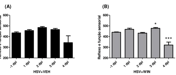 Figura 9. Comparação dos resultados obtidos na categoria Reflexo e função sensorial  da  bateria  SHIRPA  entre  camundongos  infectados  tratados  (HSV+WIN,  n=8)  e  camundongos  infectados  não  tratados  (HSV+VEH,  n=8)