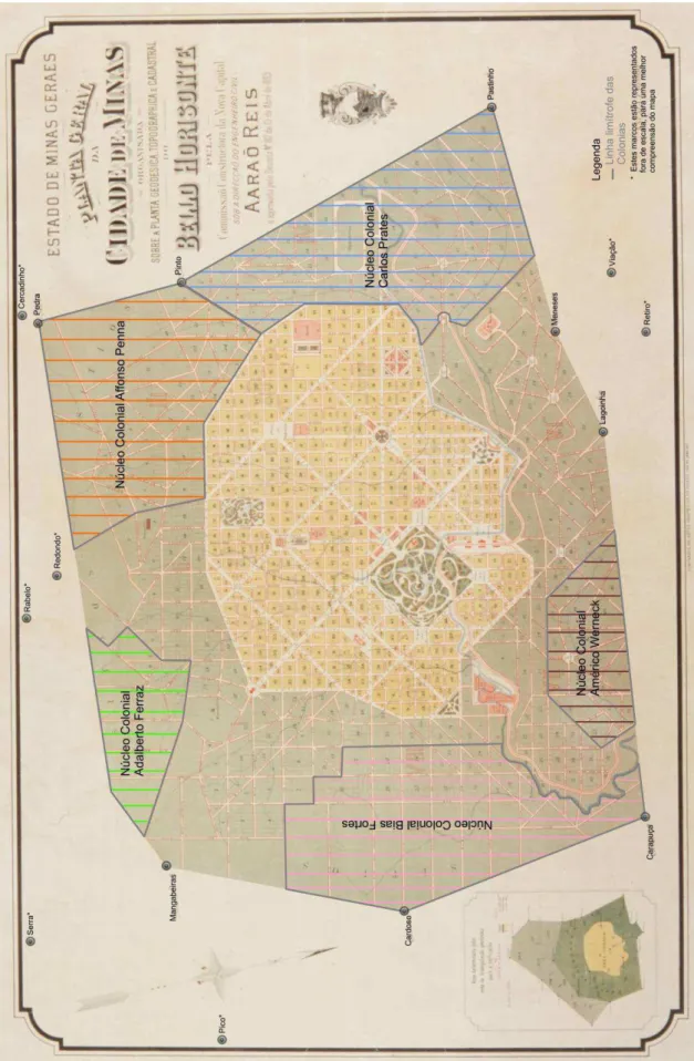 FIGURA 6  – Planta Geral da Cidade de Minas, 1895 – Núcleos Coloniais e marcos  FONTE: Minas Geraes, 1895d 