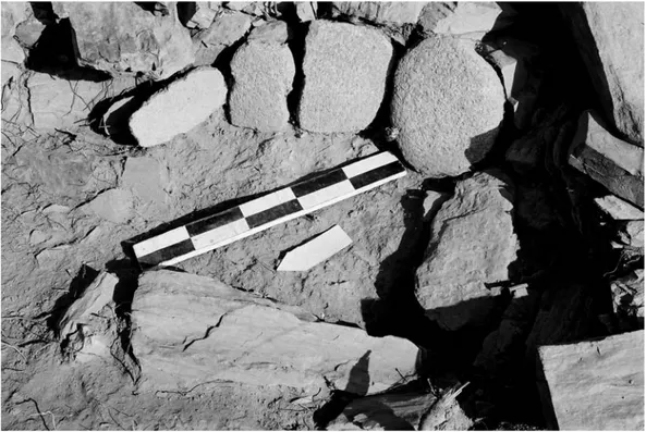 Fig. 4 - Pormenor da micro-estrutura constituída por dormentes fragmentados de granito e lajes de xisto, localizada no “Bastião A” (Fotografia de João Muralha Cardoso, 1999)