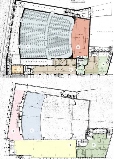 Fig. 3.7 e 3.8 – Imagem das plantas originais do nível 1 e nível 2 do Cine-teatro  Gardunha do Fundão (abaixo as informações referentes à obra)