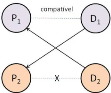Figura 3: Exemplo de um ciclo KEP de dimensão 2 com a participação de um par compatível