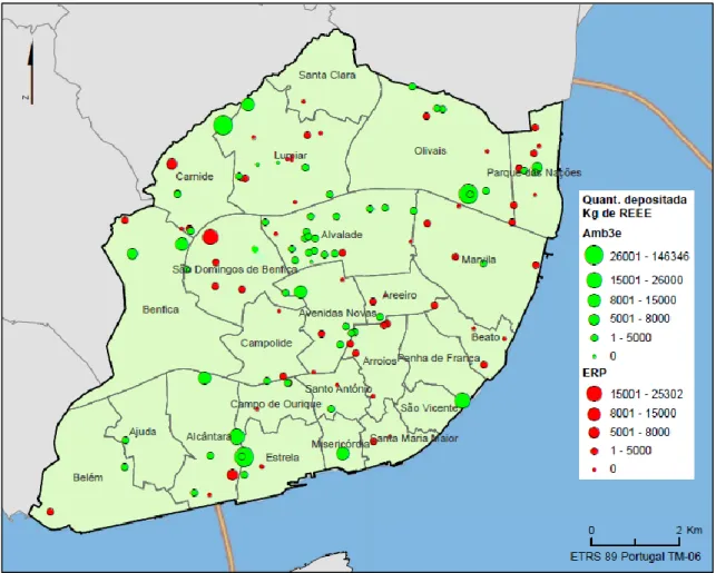 Figura 8 - Distribuição geográfica dos pontos de recolha e quantidade de REEE recolhida em  cada local Amb3e e ERP, no concelho de Lisboa, em 2014.