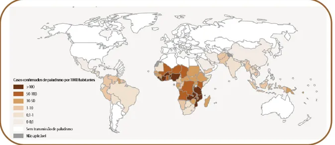 Figura 2 – Distribuição mundial de transmissão da malária em 2013. Imagem adaptada de [3]